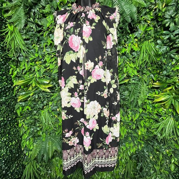 Women Dress Medium Black Floral Sleeveless Flared Ups & Downs 1228 - Picture 4 of 11
